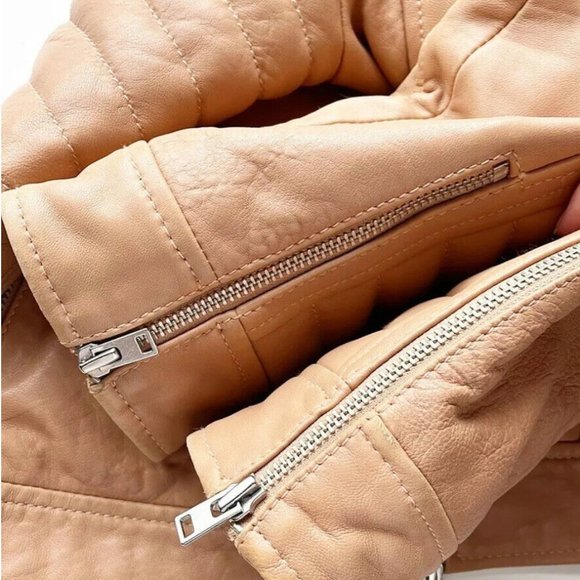 J. Crew Collection Standing Collar Leather Moto Jacket - NWOT - Peach Tan - Picture 7 of 11